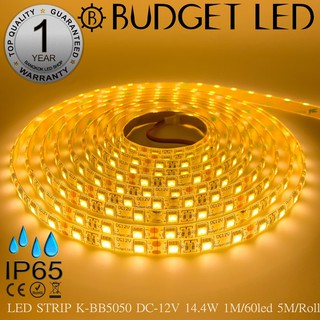 LED STRIP K-BB5050-3000K DC-12V CRI≥70 14.4W/1M IP65 ยี่ห้อBUDGET LED แอลอีดีไฟเส้นสำหรับตกแต่ง 300LED/5M 72W/5M Grade B