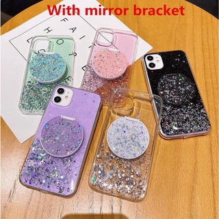 For iPhone 6 6S 7 8 Plus X XS MAX XR 11 Pro MAX Bling Glitter Silver Foil Star Soft TPU Phone Case With Round Mirror Bracket