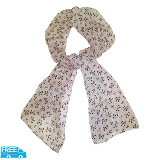 (ส่งฟรี) Women Scarf - Brown Ribbon Printed ผ้าพันคอผู้หญิงพิมพ์ลายโบว์สีน้ำตาลอ่อน