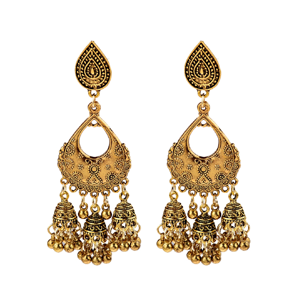 Vintage ชาติพันธุ์ Water Drop Gold Jumka ต่างหูเครื่องประดับอินเดียสําหรับผู้หญิงชาติพันธุ์ Boho Bells พู่ Dangle ต่างหู