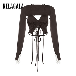 Relagala เสื้อยืดแขนยาว สายคล้องคอ เข้ารูป สีพื้น แฟชั่นสําหรับผู้หญิง