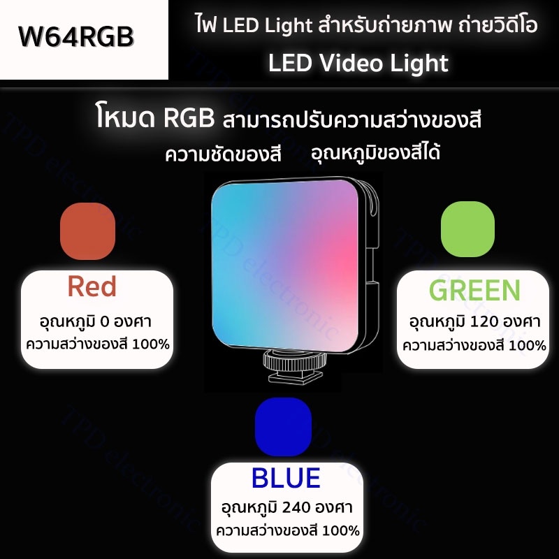 LED Video Light W64RGB ไฟปรับแสงขนาดมินิ Pocket Light ถ่ายรูป/วิดีโอ/ไลฟ์สด ชาร์จไฟได้