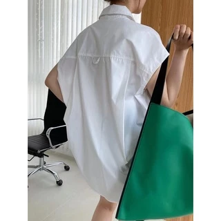Cicishop(1162) เสื้อเชิ้ตแขนกุด oversize คอปก มีการะเป๋าหน้าผ้าคอตตอนเนื้อดี เก๋ๆ โคเรียมากเวอร์