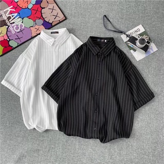 Shirt【M-3XL】Japanese fashion casual mens shirts Personalized striped shirt College style handsome jacket Oversized loose and comfortable five-point sleeve shirt