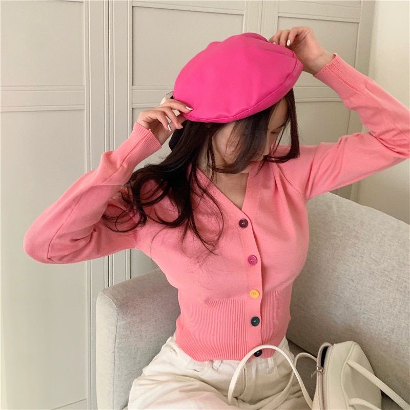 Vogue? พร้อมส่ง?เสื้อไหมพรม​คอวี cardigan กระดุม​หลากสีถอดได้จริง ( 5576-1/5576)