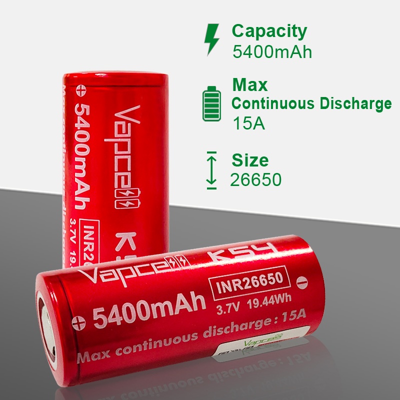 ถ่านชาร์จ 26650 Vapcell 5400mAh 3.7V 15A Max สีแดง 1 ก้อน