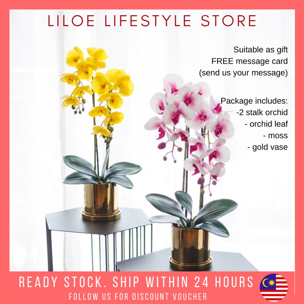 [Deko Rumah] ดอกไม้กล้วยไม้ประดิษฐ์พร้อมกระถางทอง Bunga Orkid Hian Daun Orkid Pasu