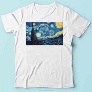 The Starry Night In Van Gogh Hair เสื้อยืดลําลองสําหรับผู้ชายแขนสั้นคอกลมสีขาว