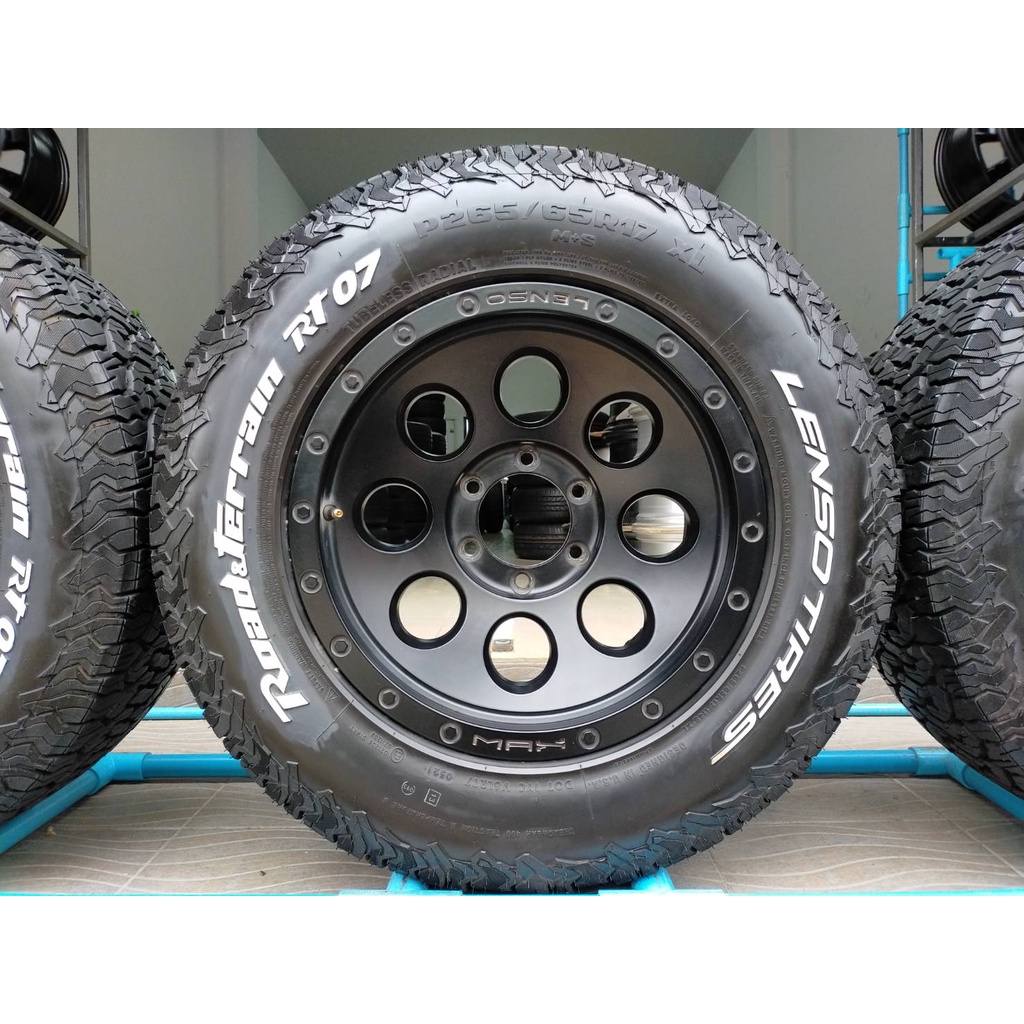 แม็กlenso ขอบ17 กว้าง9 et0 พร้อมยางเล่นโซ่ 265 65 17 ปี21 ใส่กระบะตัวสูงได้ทุกรุ่น ขายทั้ง4ล้อ ราคาต