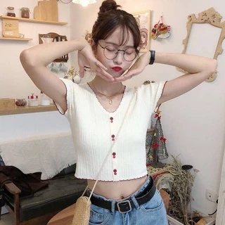 🌿SHOP MKLเสื้อครอปไหมพรมคอกลม สไตล์เกาหลี เเต่งกระดุม #A111