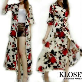 🎀 KLOSET 🎀 Maxi Dress พิมพ์ลายดอกกุหลาบ แขนกระดิ่งมาพร้อมสายผูกเอว