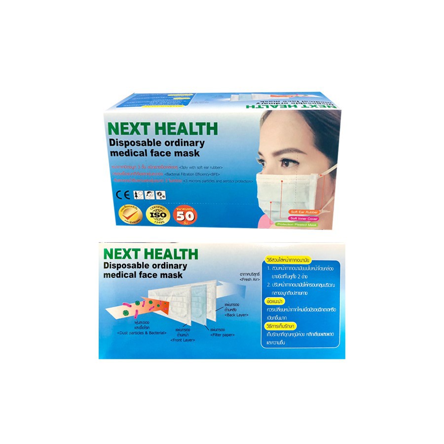 แมส 3 ชั้น ( หน้ากาก อนามัย เกรด ทางการแพทย์ ) งาน ไทย บริษัททรูไลน์เมด TLM NEXT HEALTH กล่องละ 50 ช