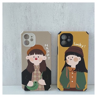 เคสไอโฟน เคใส่บัตร 13 promax iPhone  เคสแข็ง Iphone 12 13 Pro 13 Pro max  ผู้หญิงHappyพื้นน้ำตาล TPU-R1642