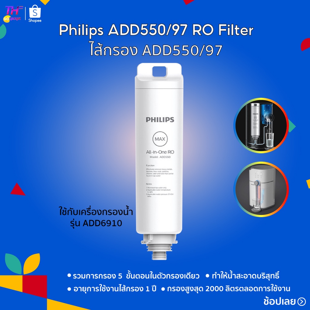 Philips RO DISPENSER FILTER ใส้กรอง ADD550 สำหรับเครื่องกรองน้ำรุ่นRO ADD6910 กำจัดไวรัสและแบคทีเรีย