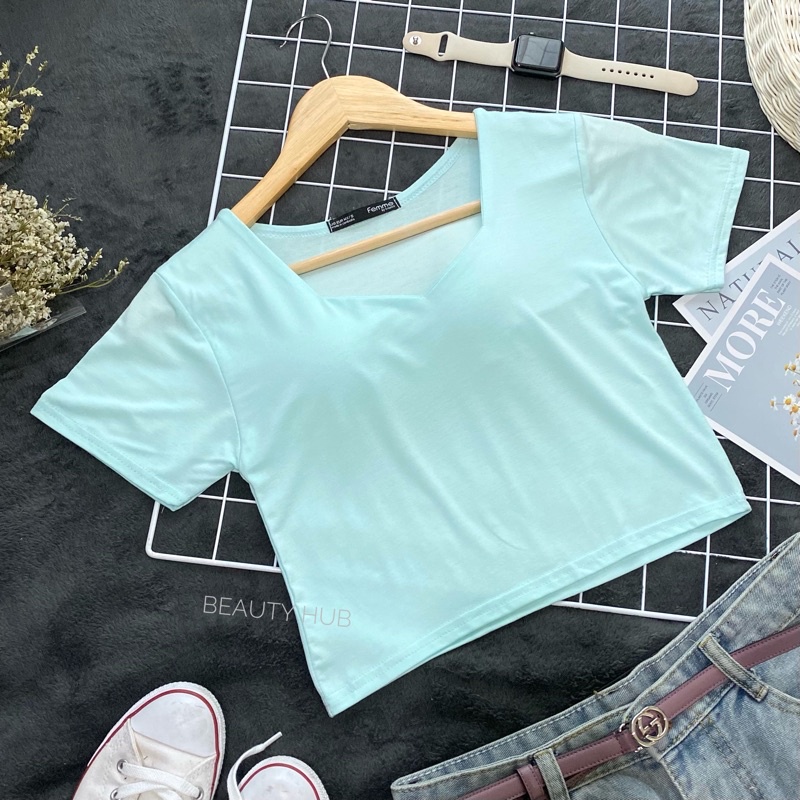 [#006] เสื้อครอปคอห้าเหลี่ยม แขนสั้น ผ้ายืดเรย่อน ใส่สบาย ทรงสวย ฮิตสุดๆ[#006] - รูปที่ 2