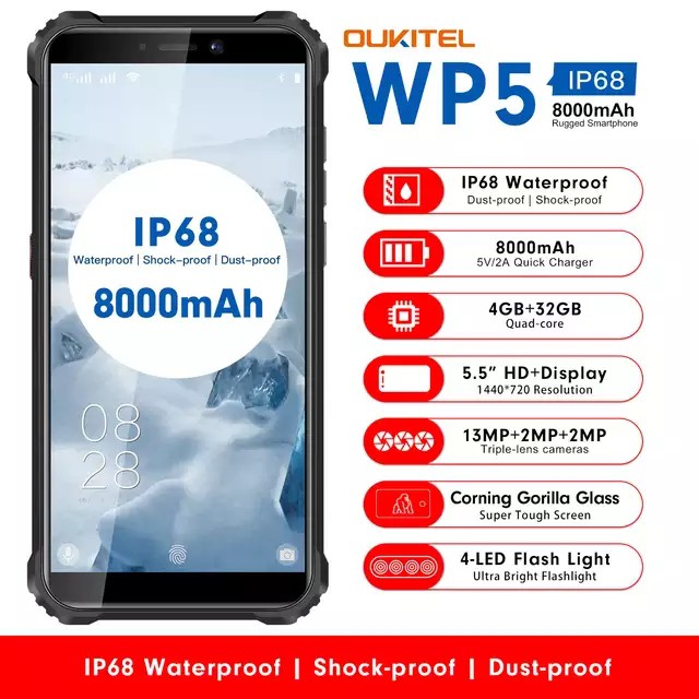 OUKITEL WP5 IP68&amp;IP69 4G กันน้ำ สมาร์ทโฟน จอ 5.5นิ้ว 3GB แรม 32GB รอม แบตอึด8000mAh แอมป์ Android 9.0 Quad Core