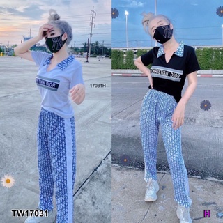 TW17031 สอบถามสต้อกก่อนโอนค่า ชุดเซ็ท เสื้อแขนสั้น กางเกงขายาว สีขาว ดำ ลายกราฟฟิก