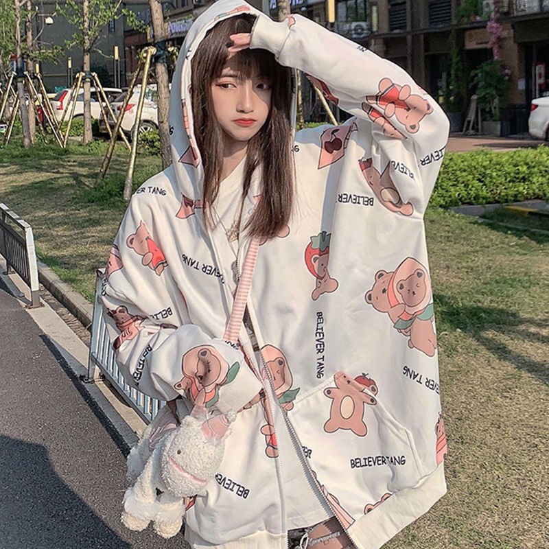 aililai1688เสื้อกันหนาวสไตล์เกาหลี แขนยาวพิมพพ์ลายหมีน่ารักๆมีซิปกลางเรียบง่ายไม่ว่าจะเรียนหรือทำงาน