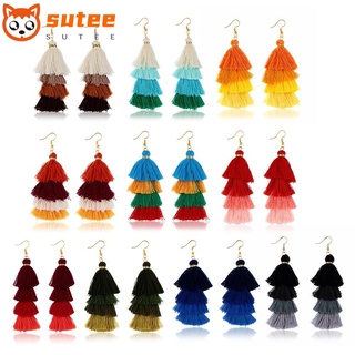 SUER 1 pair Boho Gradient Ethnic Silk Fabric Ear Stud Long Tassel Earrings