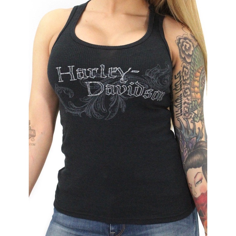 ร001313 เสื้อกล้ามแขนกุดสีดําพิมพ์ลายกลิตเตอร์ Harley-Davidson