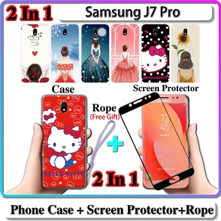 2 IN 1 เคส Samsung J7 Pro เคส พร้อมกระจกนิรภัยโค้ง ป้องกันหน้าจอ เซรามิค สําหรับเด็กผู้หญิง และคิตตี้