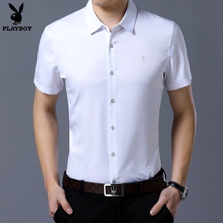 ☽¤◄Playboy ฤดูร้อนใหม่ลายสก๊อตชายเสื้อแขนสั้นลำลองแฟชั่น non-iron เกาหลีครึ่งแขนเสื้อผู้ชาย