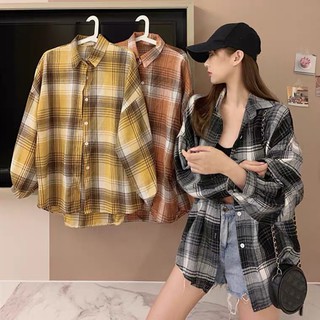 เสื้อคลุม MC2083 ทรงหลวมoversizeเซ็กซี่ เสื้อเชิ้ตลายสก๊อตผู้หญิงแขนยาว สีเหลือง/ดำ/ส้ม