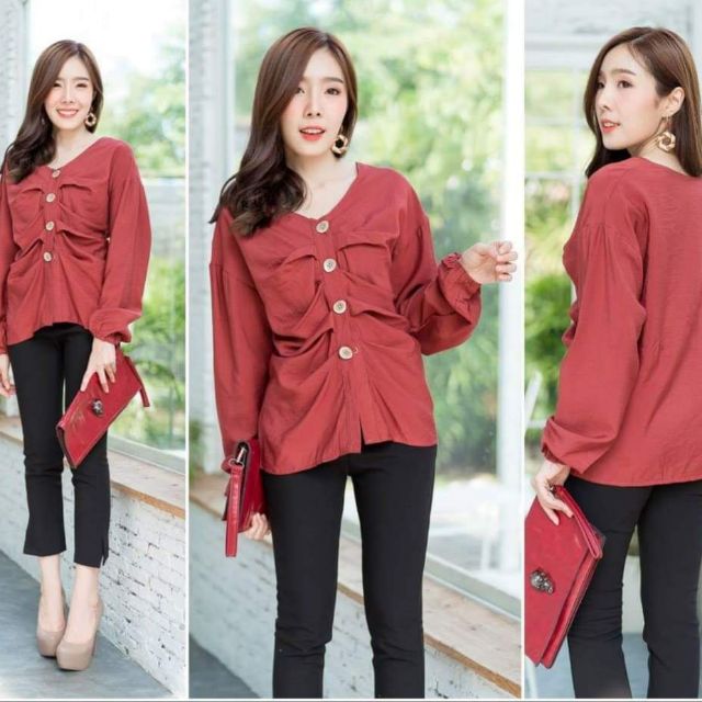 เสื้อแขนยาวสีพื้น สีแดง HEAHA Shop อก46"