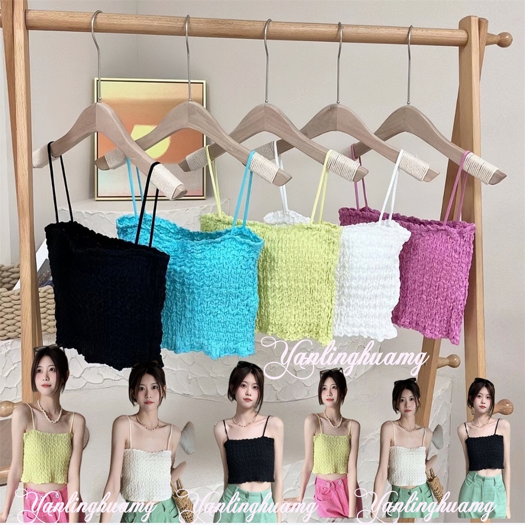 822เสื้อสายเดี่ยวไหมพรม สีพื้น ผ้ากึ่งอัดพลีท ดีเทลสม๊อคทั้งตัวน่ารักสไตล์เกาหลี