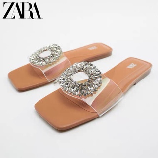 Zara รองเท้าแตะ พื้นแบน หัวเหลี่ยม ประดับคริสตัล พลอยเทียม แฟชั่นฤดูร้อน สไตล์แฟรี่ สําหรับผู้หญิง 2022