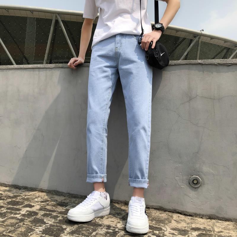 กางเกงยีนส์ผู้ชาย ฤดูร้อน สไตล์เกาหลี สวมใส่สบาย ผ้ายืด กางเกงยีนส์ผู้ชายกระบอกเล็ก