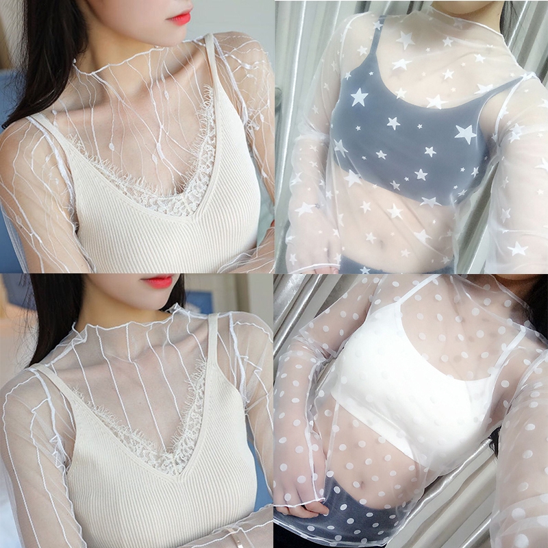 ใหม่ เสื้อเบลาส์ แขนยาว ผ้าตาข่าย ลูกไม้ เซ็กซี่ แฟชั่นสําหรับผู้หญิง