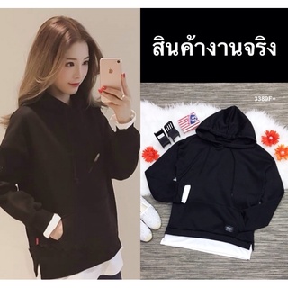 🔥ส่งฟรีจ้า🔥เสื้อกันหนาวสีดำมีหมวกฮู้ด แขนยาว มีกระเป๋าด้านหน้า