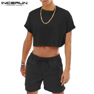 INCERUN Men Summer Fashion Short Sleeve Crop Top+Short Pant Solid Color 2Pcs Set