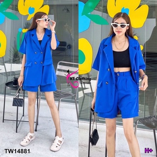 TW14881  Set 2 ชิ้น สูทเบลเซอร์ แขนสั้นทรงโอเวอร์ไซส์ + กางเกงขาสั้น กระดุมหน้าซิปหน้า มีกระเป๋าสองข้าง เนื้อผ้าปราด้า