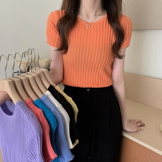 2 ชิ้น150(พร้อมส่ง)​เสื้อครอปคอกลมแขนสั้นไหมพรมสีพื้นสีน่ารัก K80