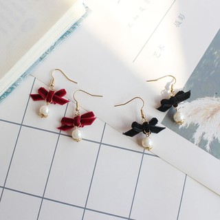 Korea Minimal Cute Velvet Black Ribbon Pearl Earrings ต่างหู ตุ้มหู เกาหลี มินิมอล ประดับ โบว์ สี แดง ดำ มุก น่ารัก