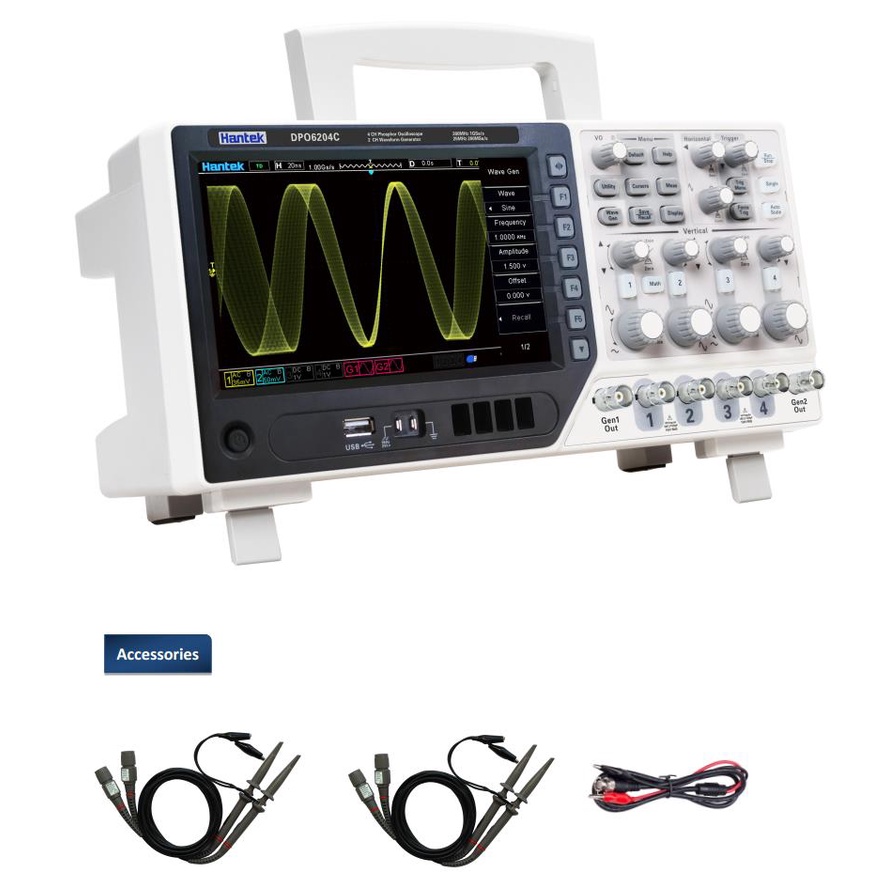 Hantek DPO6204C ออสซิลโลสโคป 4CH 200MHz 64M 400,000 wfm/s 2 AWG ทัชสกรีน+LAN Port+FRA Function