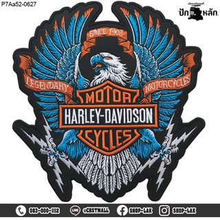 อาร์มติดเสื้อกั๊ก ตัวติดหลังเสื้อ ตัวติดเสื้อหนัง สั่งทำ งานปักลาย Harley Legendary since 1903 Size 21*20cm #ปักดำฟ้าส้ม