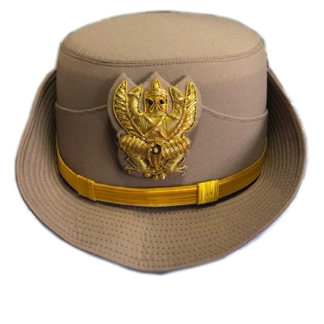 หมวกข้าราชการหญิง สีกากี หน้าครุฑ ปักดิ้น