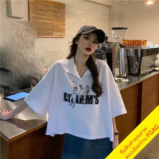 พร้อมส่ง เสื้อครอปสาวอวบน่ารัก oversize เสื้อลายการ์ตูนวัยรุ่น เสื้อผ้าแฟชั่นเกาหลี เสื้อคอปกแขนสั้นกระดุมหน้าผู้หญิง