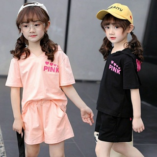 🎍Mykids🎋ชุดเด็กผู้หญิง 2021 กางเกงขาสั้นแขนสั้นใหม่สีทึบระบายอากาศทันสมัยเทรนด์สองชิ้น