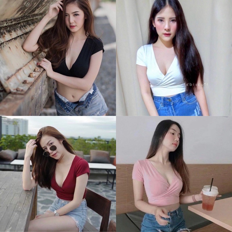 ขาย Dee shop (A24)เสื้อยืดนมโต ครอปไขว้หน้า เสื้อครอป แขนสั้น รุ่นฮิตติดลมบน ใส่ไม่มีเอ้าท์ MM (121)