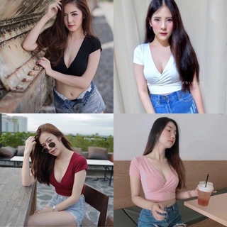 🫦🔥ขาย👚Dee  shop🔥🔥🫦(A24)เสื้อยืดนมโต ครอปไขว้หน้า เสื้อครอป แขนสั้น รุ่นฮิตติดลมบน ใส่ไม่มีเอ้าท์ 💗 MM (121)