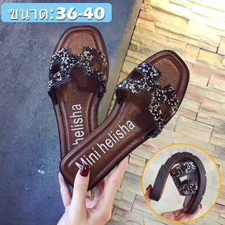 Intelscore 💗💗 รองเท้าแตะส้นแบนส้นแบนสไตล์เกาหลีสำหรับผู้หญิง พลอยเทียมรองเท้าแตะ Women Slippers