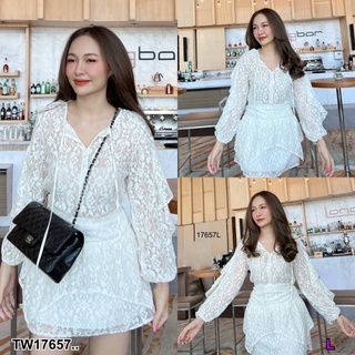 17657 Set 2 ชิ้น เสื้อลูกไม้แขนยาวระบาย + กระโปรงลูกไม้ Set of 2 pieces: lace blouse, long sleeves + lace skirt