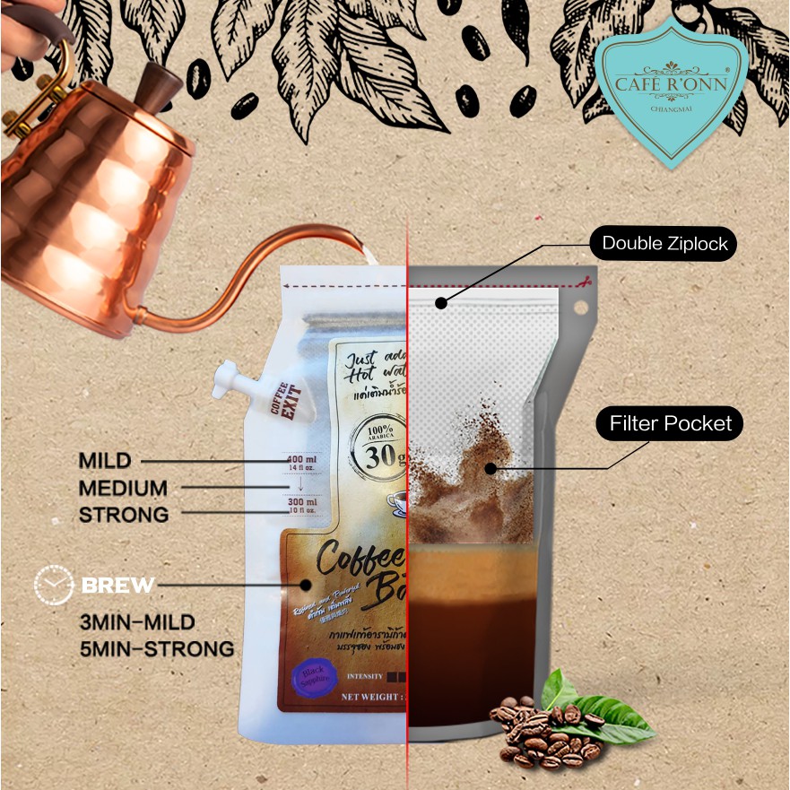 กาแฟบด "Coffee Brew in Bag" by CAFE R'ONN อาราบิก้า 100 ถุง 30 กรัม