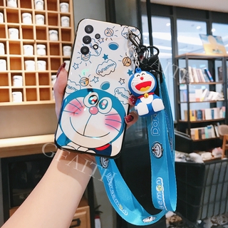 Ready Stock เคสโทรศัพท์ Samsung Galaxy A32 5G A02 M02 2021 New Phone Case With Hand Strap + Neck Strap Rope Cute Doraemon Doll Bracket Cartoon TPU Blu-ray Casing Soft Cover