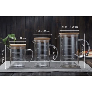 เหยือกแก้ว พร้อมฝาไม้ 350 ml 500 ml 1000 ml ถ้วยตวงแก้ว เหลือกตวงของเหลว ถ้วยตวง ถ้วยชง อุปกรณ์ เครื่องดื่ม ชงกาแฟ