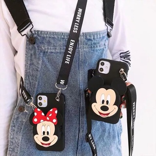 For Samsung Galaxy S22 Ultra S22 Plus A13 A33 A53 A73 A03 Cartoon Soft TPU Coin Back Cover 3D Mickey Minnie Head Wallet Bags Phone Case With Lanyard